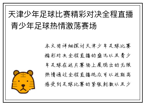 天津少年足球比赛精彩对决全程直播 青少年足球热情激荡赛场